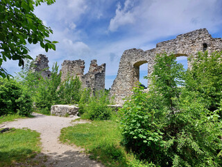 stone walls. Old castle Samobor. Ruins and green plants. Croatia