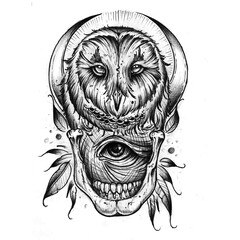 Hand-drawn pencil sketch of a mystical owl with a symbolic eye and jaw. High-quality graphic scan, surreal dark art tattoo design, and creative print. Manual artwork.