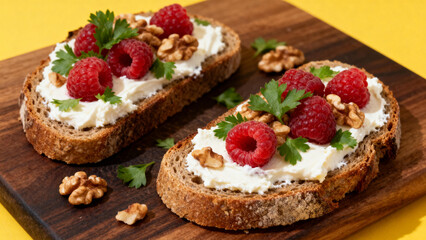 Toasted bread slices topped with cream cheese, raspberries, walnuts, and parsley on a wooden board