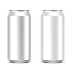 Two blank, metallic, cylindrical beverage containers, shadows present, isolated