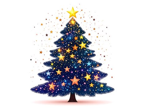 A stylized Christmas tree, dark blue/black, adorned with multi-colored stars and glitter - Powered by Adobe
