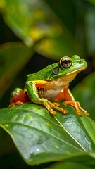 Obraz premium Close-up of vibrant green and orange frog on a large leaf