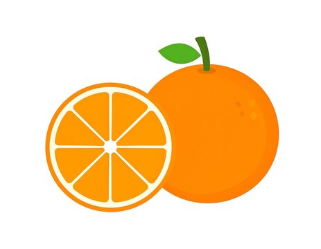 Two cartoon oranges on a white background, one sliced