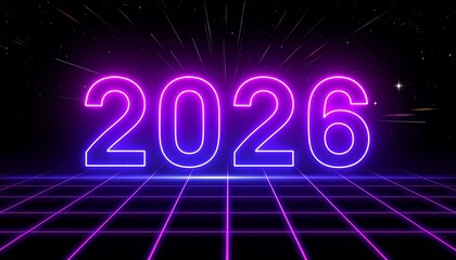 Neon 3D New Year 2026 sign with colorful lights and holiday celebration