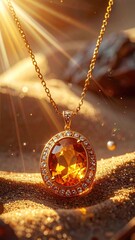Golden necklace, amber gem in sand