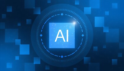 Abstract digital background with an "AI" square at its center, surrounded by geometric patterns and data representations.
