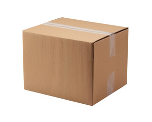 Isolated Brown Cardboard Shipping Box Sealed with Clear Packing Tape on a Clean White Background, Ready for Delivery or Storage