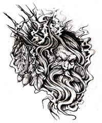 Handgezeichnete Bleistiftskizze eines Waldgeistes mit Eichenbl&auml;ttern. Hochwertiger Grafik-Scan, k&uuml;nstlerisches Tattoo-Design und Natur-Print. Handarbeit, mystische Illustration.