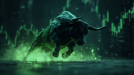 A digital artwork of a bull charging amidst financial chart graphs.