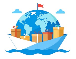 A stylized globe, shaped like a ship, carrying gifts across the world