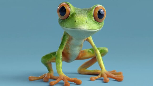 Front-facing green tree frog with orange toes on a smooth blue studio backdrop. under soft lighting