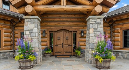 Elegant log cabin entrance features rustic wooden doors flanked by stone pillars and vibrant floral