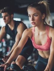 Fototapeta premium hard working sportive people doing cardio on exercycle horizontal indoors shot no logos no brands ar 34