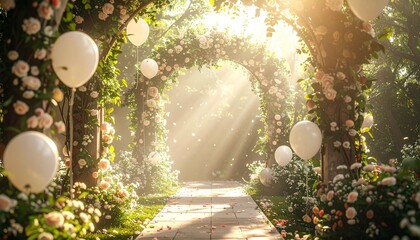 Wedding garden party scene features floral garlands with white balloons adorning arches. Sunlight streams through plants, creating a dreamy, romantic atmosphere for an outdoor celebration. classic