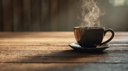 Obraz premium closeup of steaming coffee cup on wooden surface morning aroma and relaxation time concept