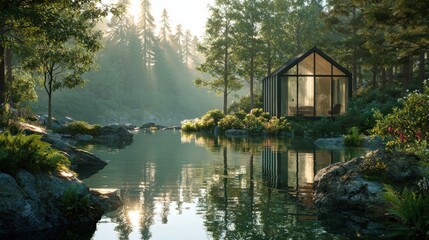 Fototapeta premium glass cabin in tranquil forest reflecting morning sunlight on lake surface expressing peaceful retreat lifestyle and balance of modern architecture with nature