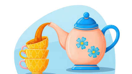 Colorful teapot pouring tea into yellow floral cups on a light blue background isolated on a transparent background
