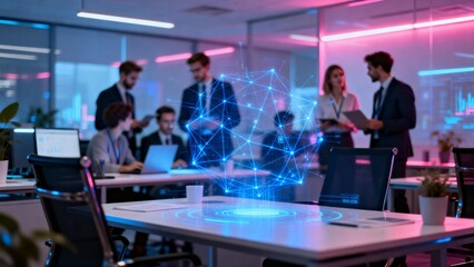 Office workers with digital network hologram