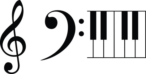 Musical symbols treble clef bass clef and piano keyboard illustration, music education concept, black and white minimalist design vector graphic © Sree