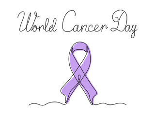 World Cancer Day. Greeting card. Abstract ribbon  symbol fight against cancer, continuous single one line art hand drawing sketch logo on white background. Lavender symbol of all types of cancer
