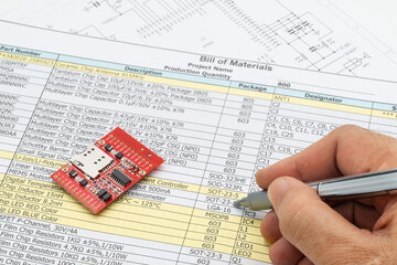 Engineer checking a bill of materials with an electronic module, representing PCB design validation, component selection, cost control, and electronics manufacturing planning.