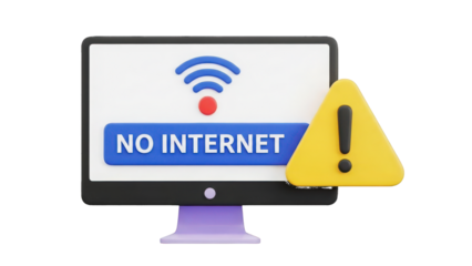 Computer screen displaying no internet connection with a yellow warning sign isolated on a transparent background