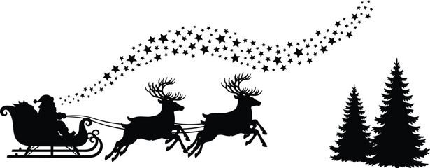Santa Claus sleigh silhouette with reindeer flying over forest, magical Christmas night scene illustration, holiday celebration winter design isolated © Sree