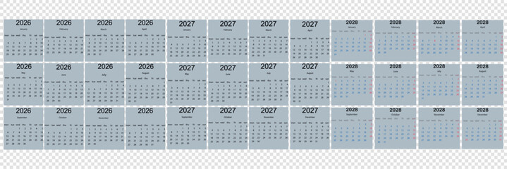 2026 Monthly calendar 12 months template on white background. Minimalist design layout calendar week starts on sunday. Use for New year, business, print.