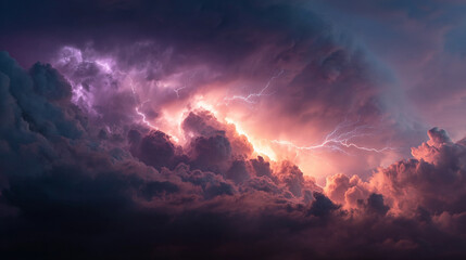 Naklejka premium Heavy storm clouds unleash a thunderstorm with multiple lightning bolts flashing across the sky, capturing intense energy, dramatic atmosphere, and the raw power of nature.