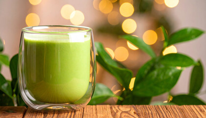 Healthy green smoothie glass diet detox nutrition wellness organic morning boost with leafy plant and wooden table in soft bokeh light