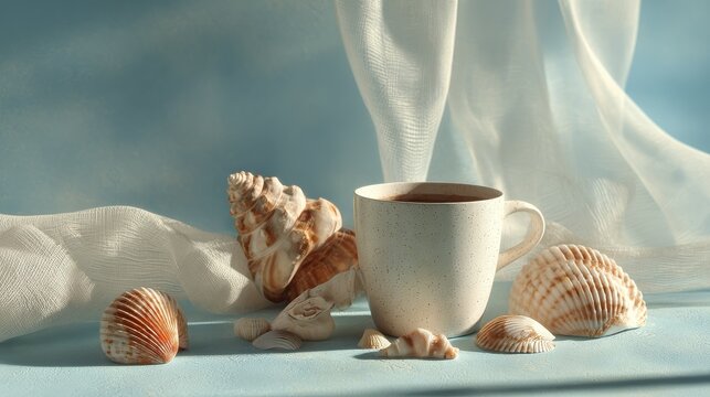 coastal serenity with seashells and a cup on a blue background creating a tranquil atmosphere for relaxation and mindfulness healthy living concept