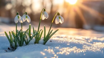 Delicate white snowdrops push through snow, bathed in golden sunlight