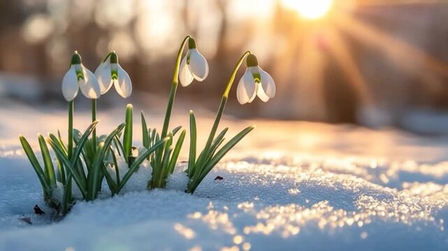 Delicate white snowdrops push through snow, bathed in golden sunlight