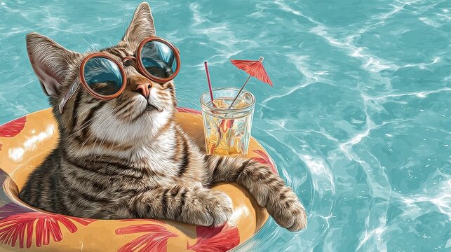 relaxing tabby cat floats on a pool tube with drink and sunglasses enjoying a sunny summer vacation