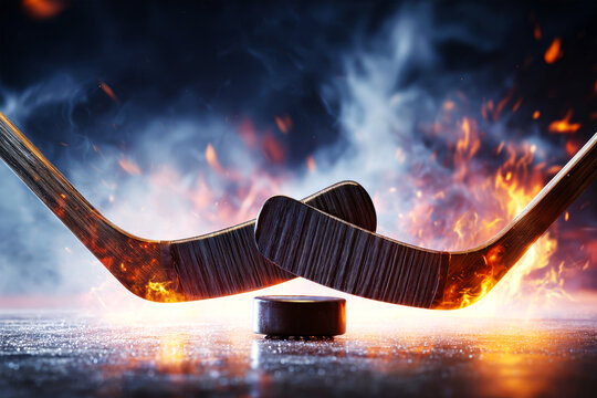 Two hockey sticks with a puck face off against flames and lightning, creating a powerful action scene filled with energy and motion