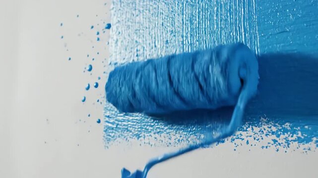 Close Up Paint Roller Applying Bright Blue Paint on White Wall &ndash; AI Generated