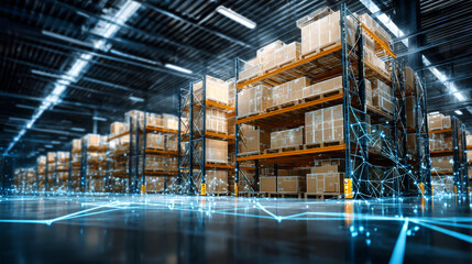Pallets and boxes are arranged in a modern warehouse. Light lines mark the floor while a global network connection is visible in the background