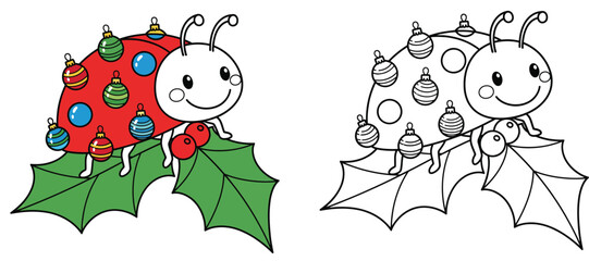 Adorable vector illustration of a Christmas ladybug cartoon Isolated on a white background a humorous beetle with decorative spots perches on a holly leaf  © AbuNazam