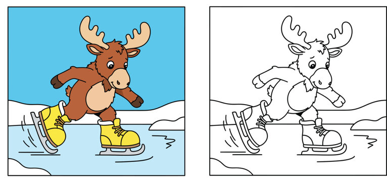 A vector illustration of a cute cartoon moose ice skating on a frozen pond A humorous yellow skated winter animal mascot with an outline for a coloring book page