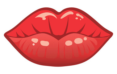 Stylized, glossy vector illustration of bright red, luscious lips set against a white background, showing highlights and subtle texture details