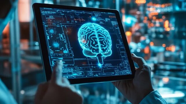 Scientist uses tablet displaying glowing brain scan with data overlays