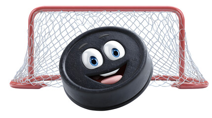 A hockey puck with a goofy grin, bouncing playfully in front of a goal net, isolated on a Transparent background