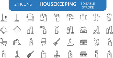 Housekeeping line icons set, editable stroke cleaning tools symbols, home sanitation hygiene supplies vector illustration collection, domestic service design