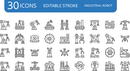Industrial robot line icons set, editable stroke automation symbols, manufacturing technology collection, robotic arm factory icons, modern engineering design