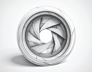 Gray sketch of a camera lens aperture, intricate mechanical detail