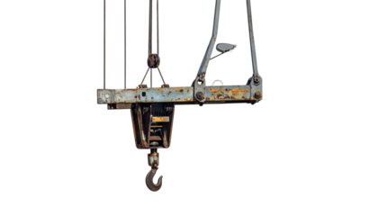 Metal lifting crane pulley with hook industrial machinery isolated on solid white background2