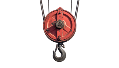 Metal lifting crane pulley with hook industrial machinery isolated on solid white background3