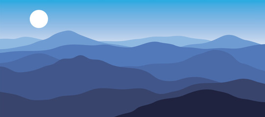 Blue gradient color mountain panorama, translucent waves, abstract colored glass shapes, modern background, flat design illustration of mountains