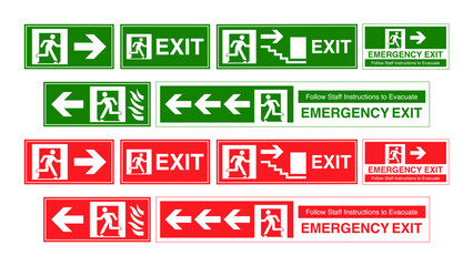 Emergency Exit Sign Vector Set &ndash; Green and Red Safety Exit Signs with Direction Arrows, Flat Evacuation Symbols Isolated on White Background