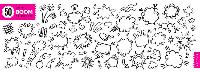 Comic pop doodle effect. Cartoon line cloud, boom, speed and smoke icon. Comic effect vector, doodle style. Pop confetti, speech bubble, explosive, wow, collision. Hand drawn png anime set. Cartoon bg